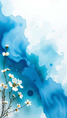 Soft, flowing washes of blue and green paint blend seamlessly with delicate floral accents for a dreamy artistic backdrop,  fluid,  pastel