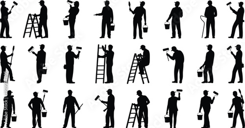 Painter worker silhouettes with ladder and roller isolated on white background, home renovation service concept