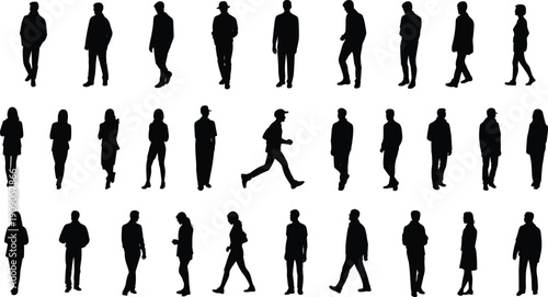 People walking silhouettes collection in various casual poses isolated on white background, urban lifestyle crowd concept