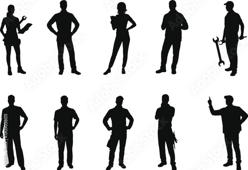 Professional worker silhouettes with tools and gestures isolated on white background, industrial and corporate workforce concept