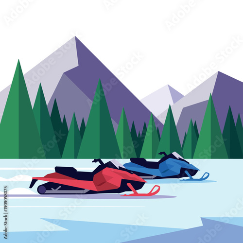 Two snowmobiles riding on a frozen lake in a mountainous winter landscape