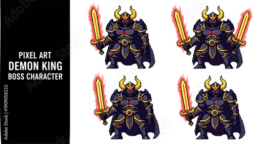 Pixel Art Demon King Boss Character with Flaming Sword for Retro RPG and Fantasy Games
