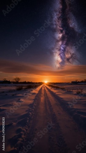 Road leading towards colorful sunrise between snow covered trees with epic milky way on the sky. Vertical Video