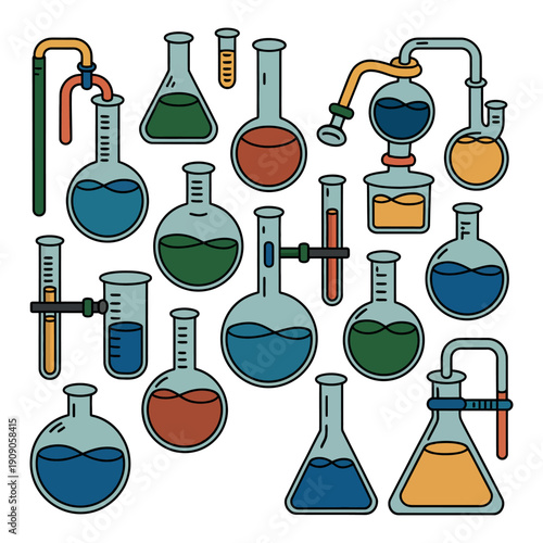 A colorful illustration of various laboratory equipment and glassware on a white background