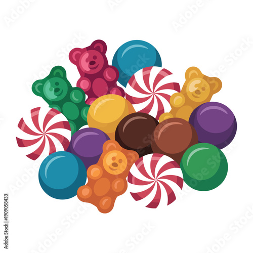A colorful assortment of candies and gummy bears on a white background