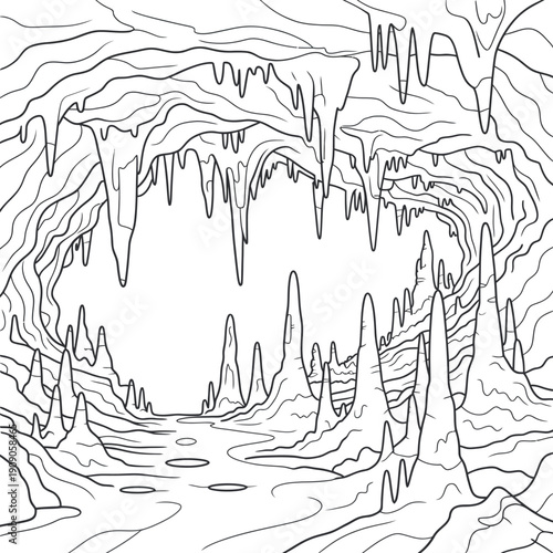A black and white illustration of a cave with stalactites and stalagmites