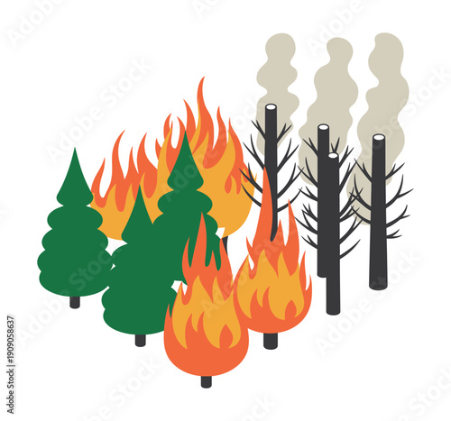 An illustration of a forest fire with flames and smoke rising