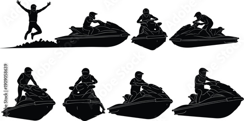 Jet Ski Silhouette Vector Set with Rider Action Poses on Personal Watercraft Extreme Water Sport Illustration Collection