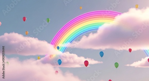 Vibrant rainbow arching across a cloudy sky with colorful balloons