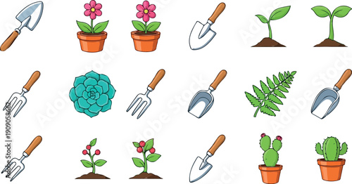 Gardening Vector Icons Set with Plants Flowers Seedlings Shovel Trowel and Fork
