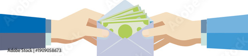This illustration depicts a significant business transaction with money being exchanged in an envelope between two individuals, conveying a sense of professionalism and financial agreement. The image 