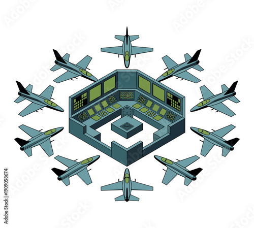 A futuristic air traffic control tower surrounded by multiple airplanes in flight.