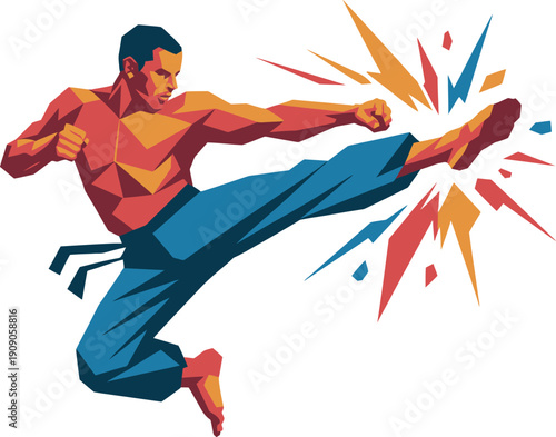 A muscular man in a fighting stance with a powerful kick