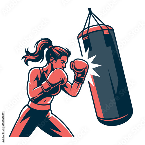 A determined woman practicing boxing with a punching bag in a gym
