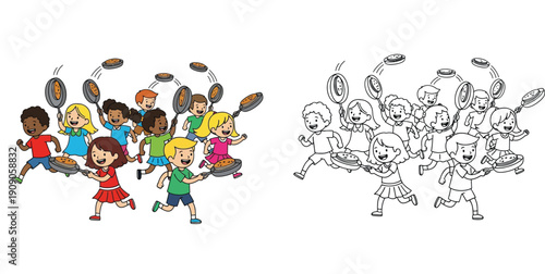 Happy children running pancake race with frying pans vector illustration with coloring page outline.