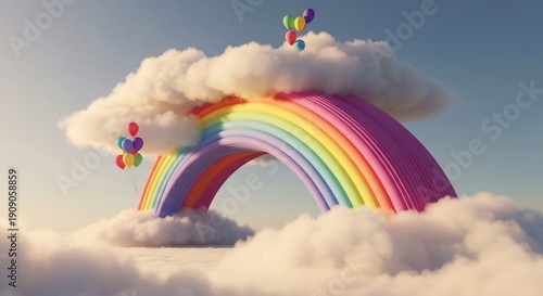 Vibrant rainbow arching through fluffy clouds with colorful balloons