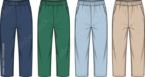 Casual elastic waist pants illustration set in multiple colors, featuring comfortable trousers design, modern fashion apparel, everyday wear concept, and minimalist clothing collection style
