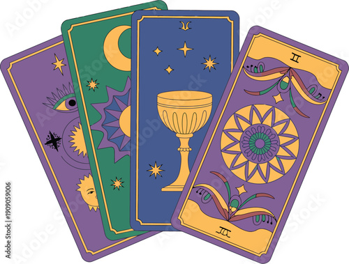 A set of colorful tarot cards fanned out on a white background