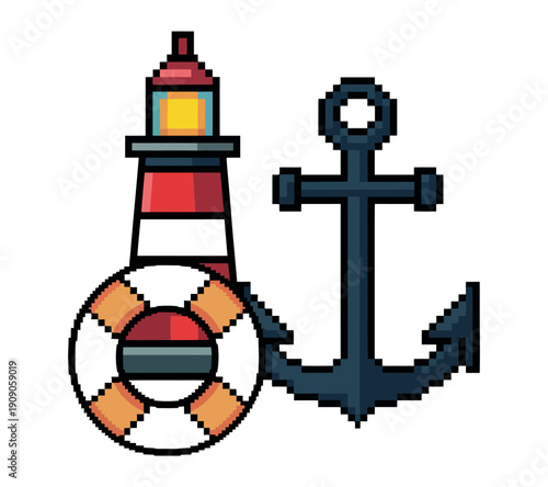 A pixel art illustration of a lighthouse, anchor, and life preserver on a white background