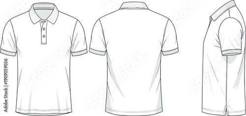 Blank polo shirt mockup with front, back and side views, realistic short sleeve collar t shirt template for apparel branding design