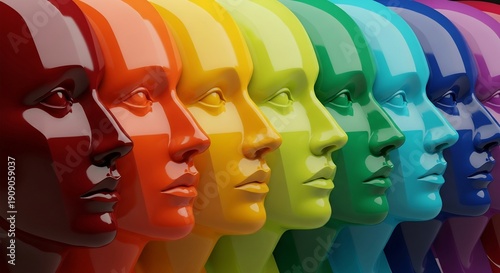 Vibrant row of abstract human heads in glossy rainbow spectrum