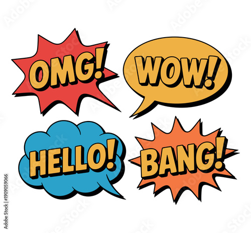 A colorful comic book speech bubble illustration with exciting expressions