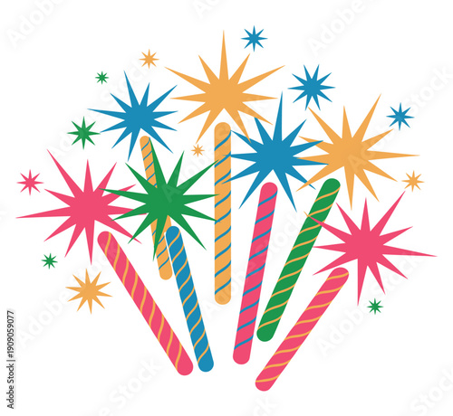 A colorful illustration of birthday candles and starburst fireworks on white background