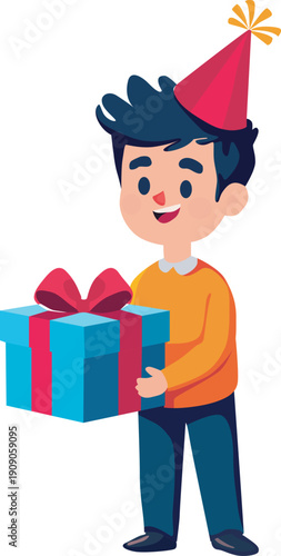 Cheerful cartoon boy wearing party hat holds colorful gift box with red bow, perfect for birthday or holiday celebrations