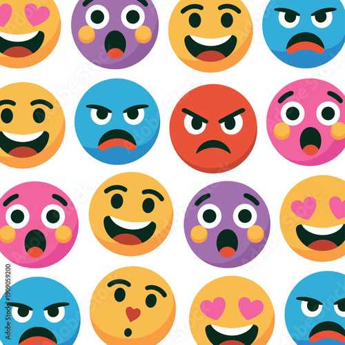 A colorful array of emoticon faces on a white background