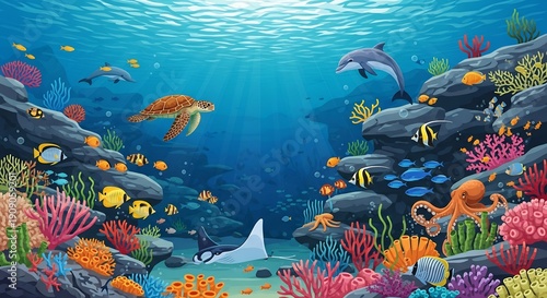 Vibrant underwater scene with diverse marine life and coral reef