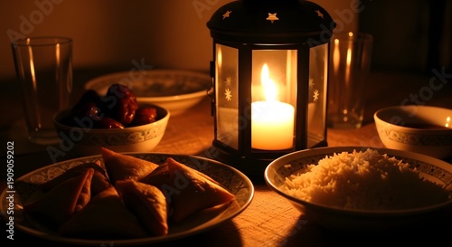 Ramadan eid mubarak celebration with traditional food and lantern