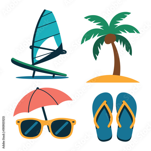 A colorful illustration of summer vacation icons on a white background