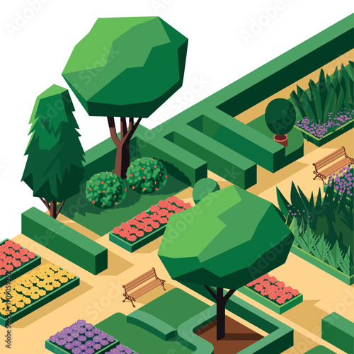 A vibrant and colorful isometric garden with trees and flower beds
