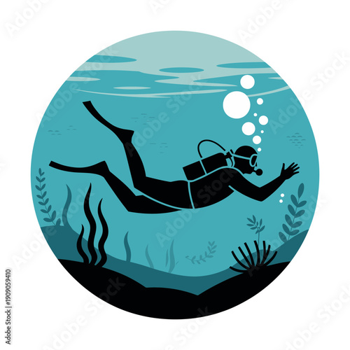 A scuba diver swims underwater in a circular illustration with ocean plants