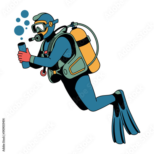 A cartoon scuba diver in a blue wetsuit holding a coffee cup underwater