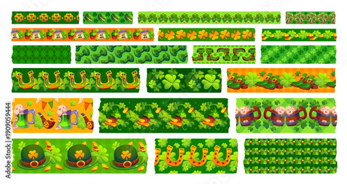 Irish washi tape green adhesive pieces St Patrick holiday decoration. Cartoon vector festive decorative strips feature clovers, gold coins, beer mugs, leprechaun hats, sweets, horseshoes and shoes