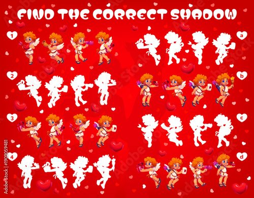 Find the correct shadow of Valentines cherub Cupids game quiz vector worksheet. Romantic love holiday puzzle game of cartoon Cupids with pierced hearts, bows and arrows, Valentines gifts and cards