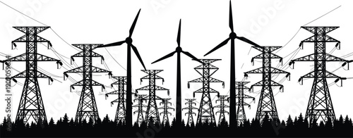 Electric Transmission Towers and Wind Turbines Silhouette Vector Landscape with High Voltage Power Grid Infrastructure Illustration