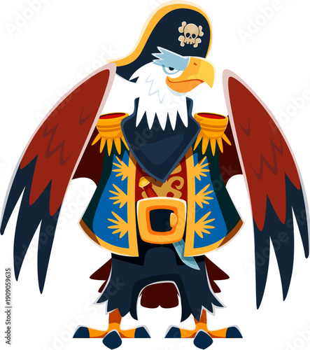 Cartoon eagle animal pirate crew character in captain tricorn hat and admiral attire. Vector nautical avian corsair personage embodying maritime adventure. Isolated vector falcon bird buccaneer rover