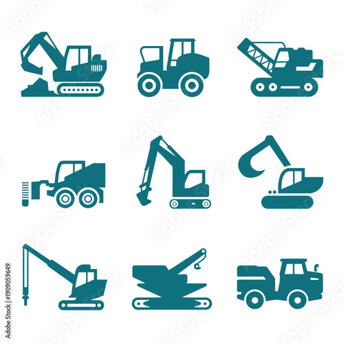 A collection of heavy construction equipment icons on a white background