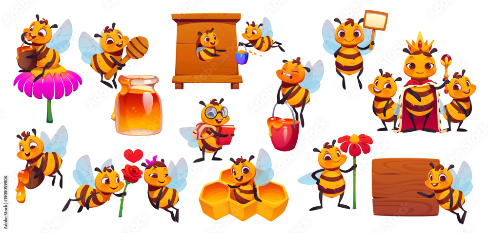 Obraz premium Cartoon cute honey bee characters and animal mascots set. Little student, worker and queen bee vector characters holding honey pot and stick, delivery flower nectar to beehive and showing sign boards