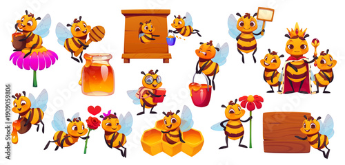 Cartoon cute honey bee characters and animal mascots set. Little student, worker and queen bee vector characters holding honey pot and stick, delivery flower nectar to beehive and showing sign boards