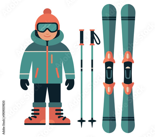 A cartoon illustration of a skier with equipment on a white background