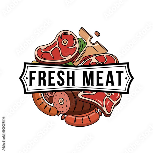 Fresh Meat Assortment Logo - Steaks, Sausages, T-Bone, Butcher Shop