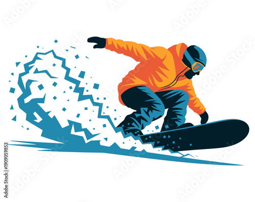 A snowboarder in an orange jacket performs a trick on the mountain