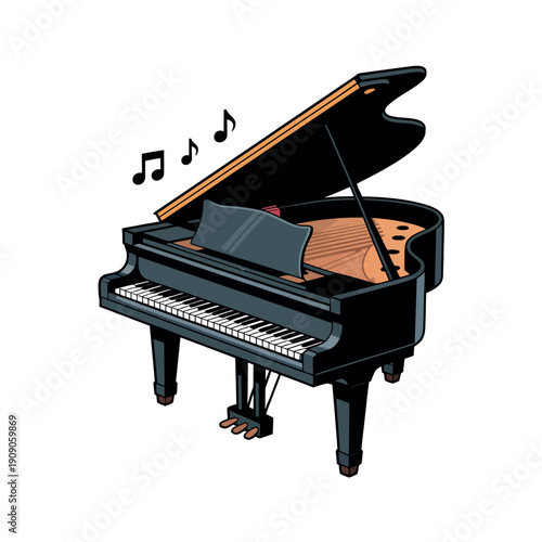 A black grand piano with music notes floating in the air