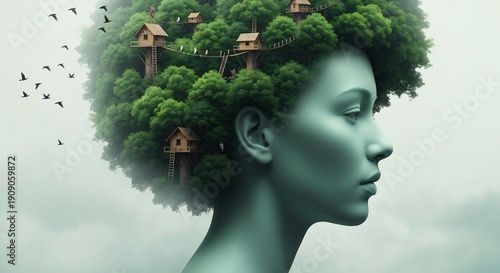 Woman with lush green hair hosting treehouses and birds