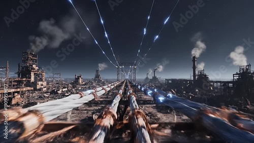 A post-apocalyptic scene with power lines channeling energy through a decaying industrial landscape at night
