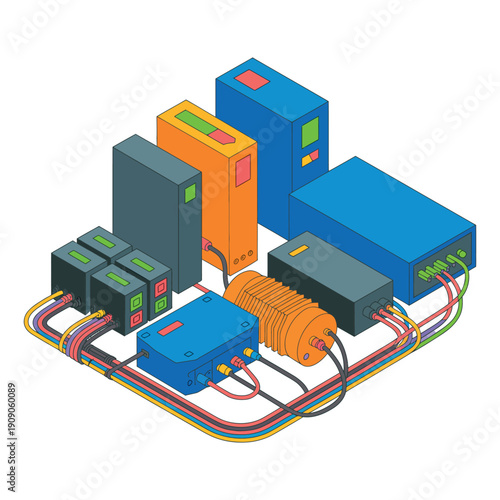 A colorful illustration of various electronic components and wires connected together