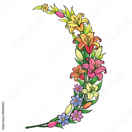 Curved floral border with blooming flowers illustration